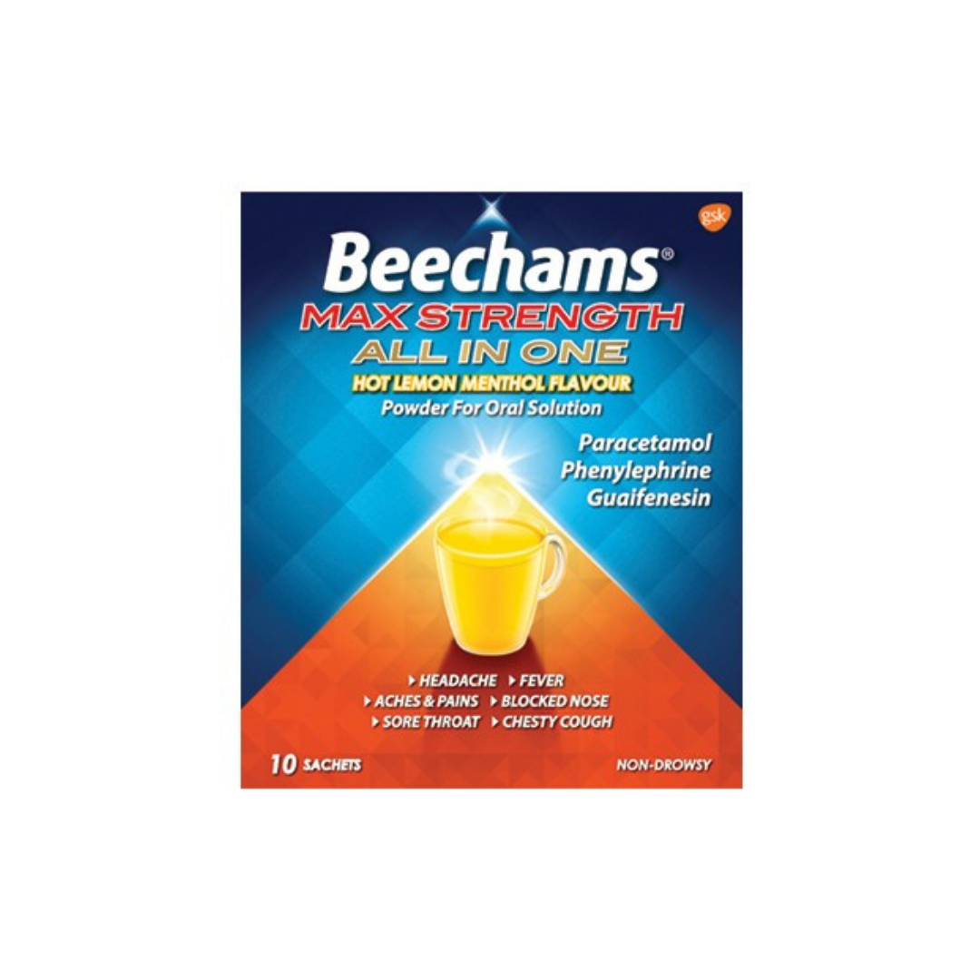 Beechams Max Strength All In One Hot Lemon Menthol Flavour Powder For Oral Solution - 10 SACHETS