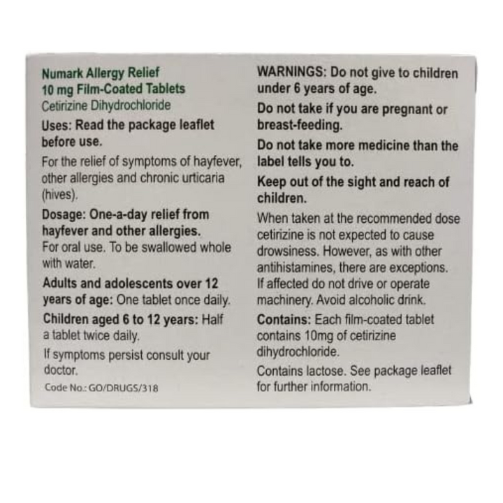 Numark Hayfever Relief Cetirizine 10mg 