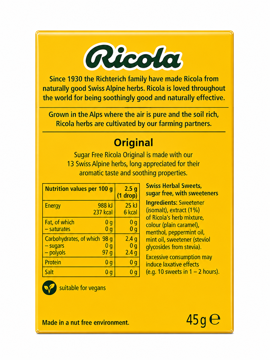 Ricola Original Sugar Free Swiss Herb 45G